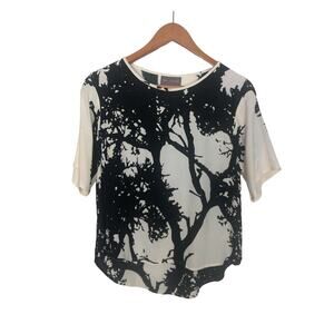 Bel Kazan Sz Small Cream Black Tree Print Short Sleeve Top